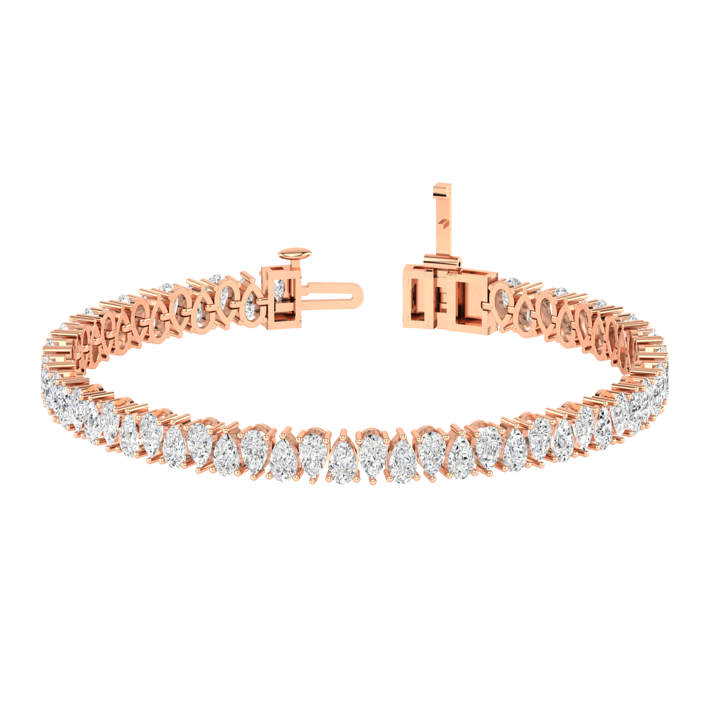 rose gold tennis line bracelet with alternating pear cut shaped ethical & sustainable lab grown diamonds set using prongs