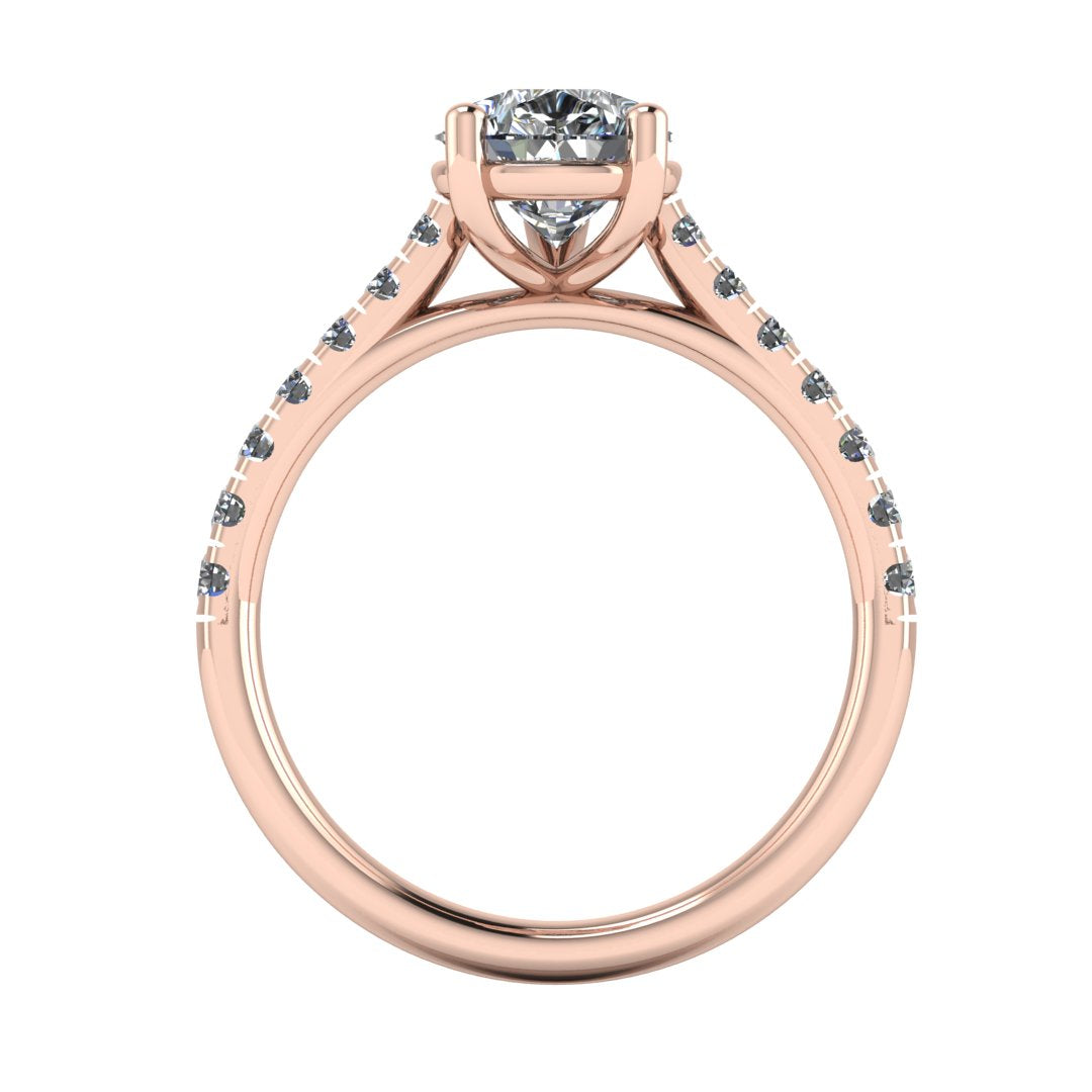 flat view of rose gold pavé engagement ring with a pear shaped centre lab grown diamond and microset diamond shoulder