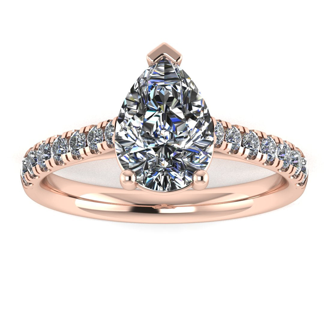 front view of rose gold pavé engagement ring with a pear shaped centre lab grown diamond and microset diamond shoulder