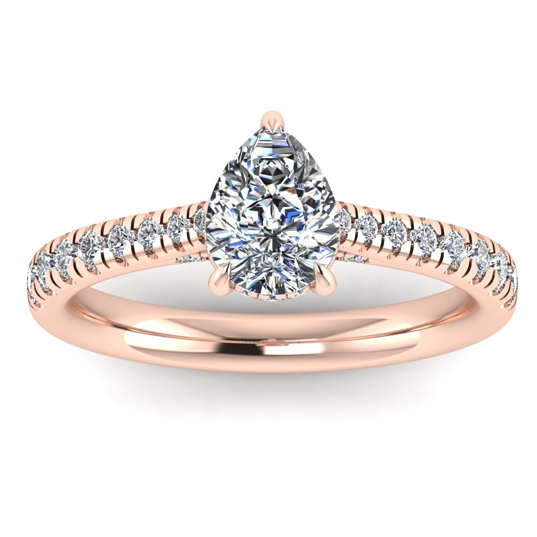 front view of a rose gold engagement ring, there is a pear cut centre lab grown diamond which has a hidden under halo and pavé-set diamond shoulders