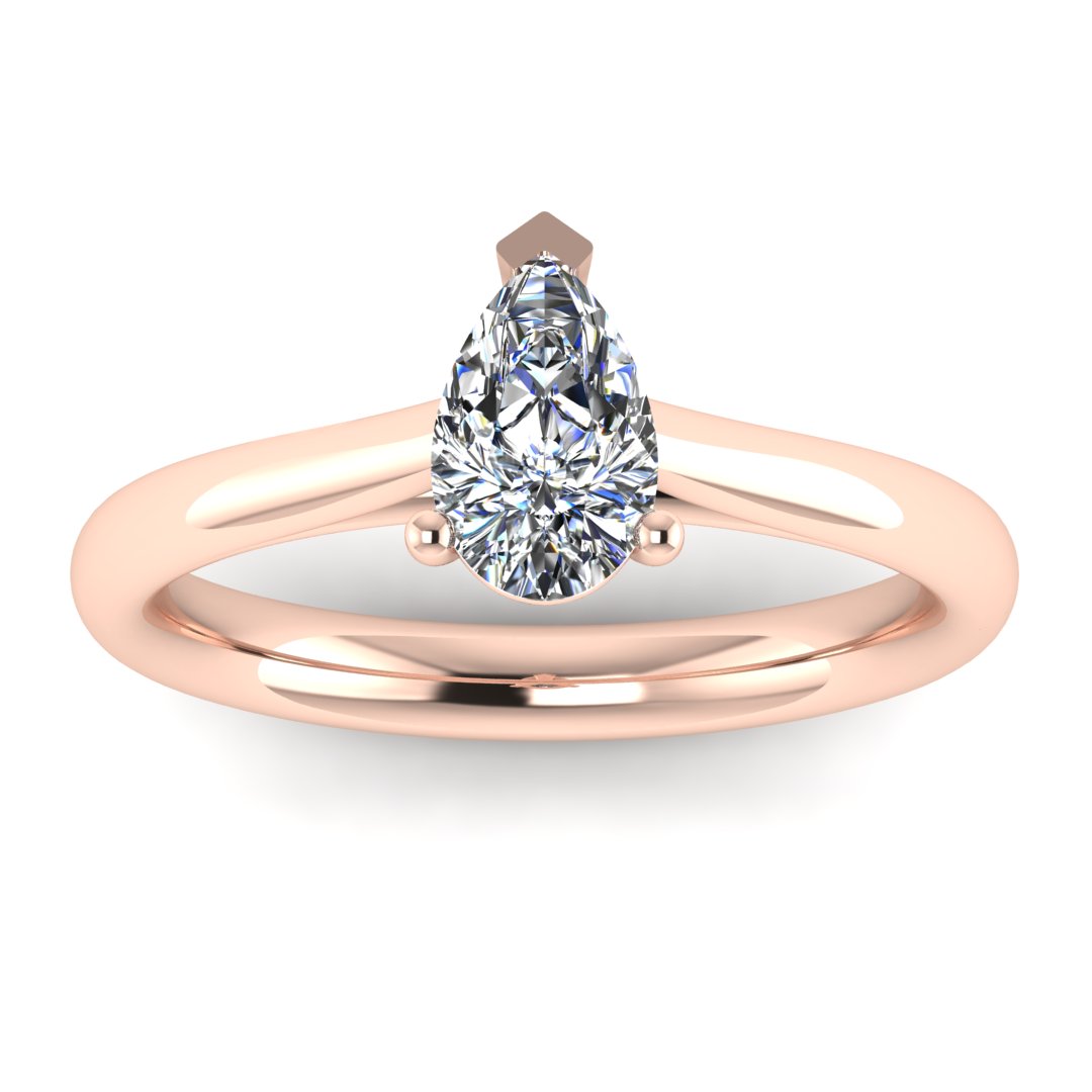 front view of rose gold engagement ring with a pear cut lab grown diamond which is ethical and sustainable