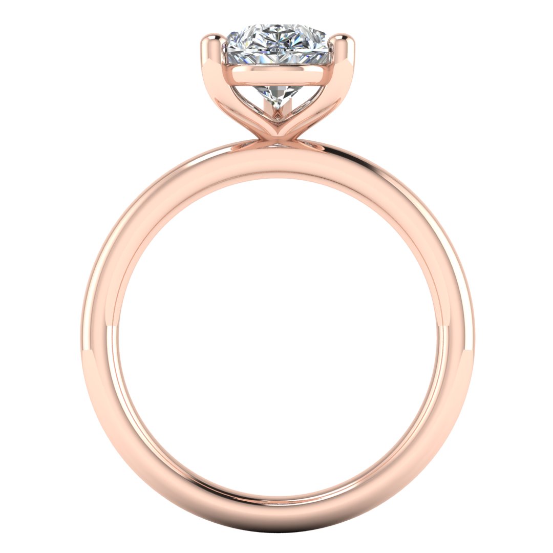 flat view of a rose gold engagement ring with a pear cut lab grown ethical and sustainable diamond