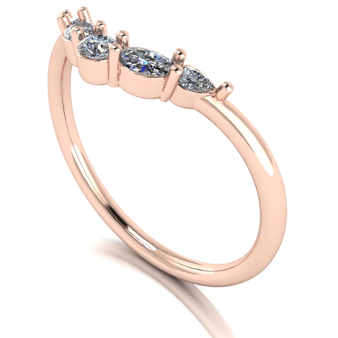angled view of a rose gold eternity ring or wedding band shaped with pear, oval & round lab grown diamonds