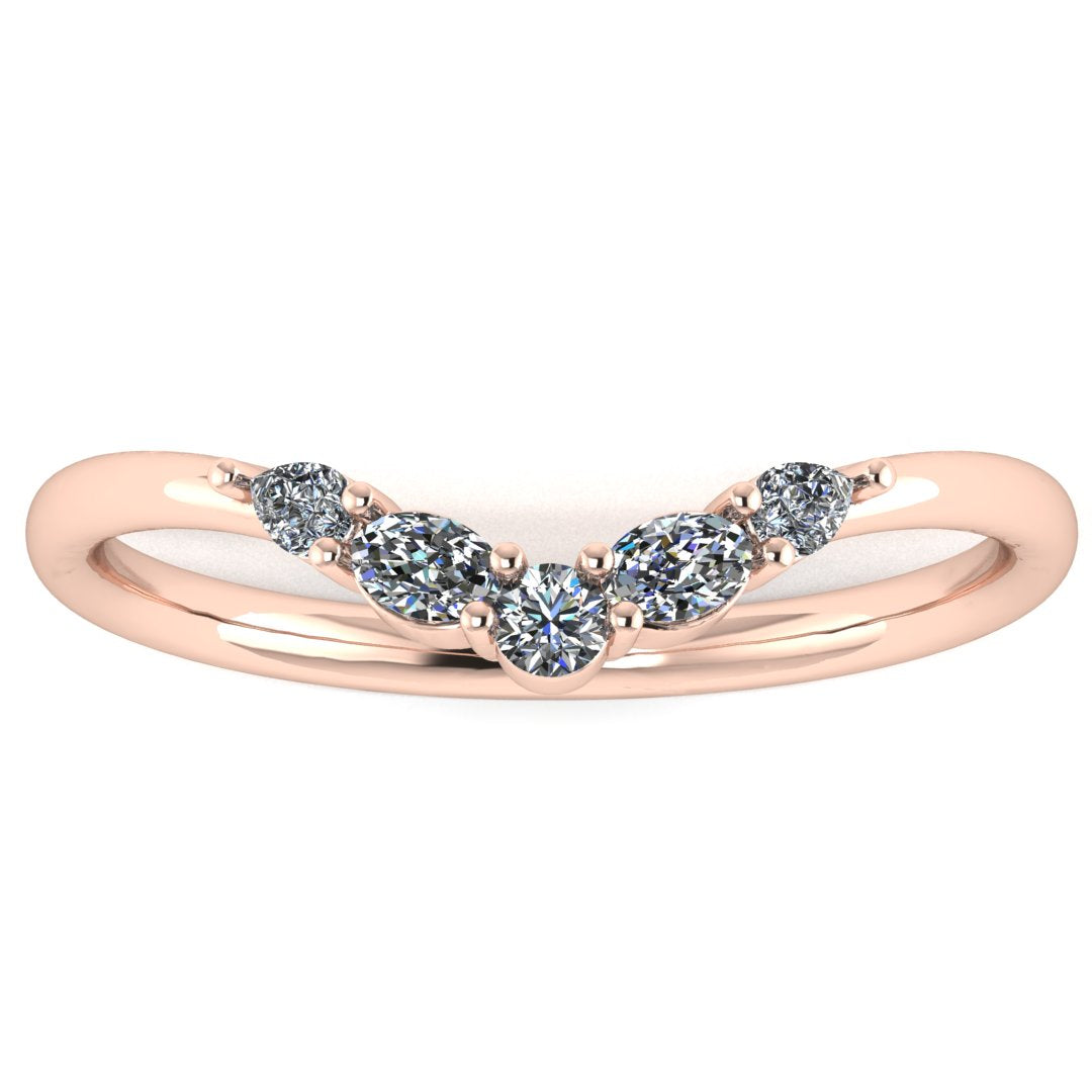 front view of a rose gold eternity ring or wedding band shaped with pear, oval & round lab grown diamonds