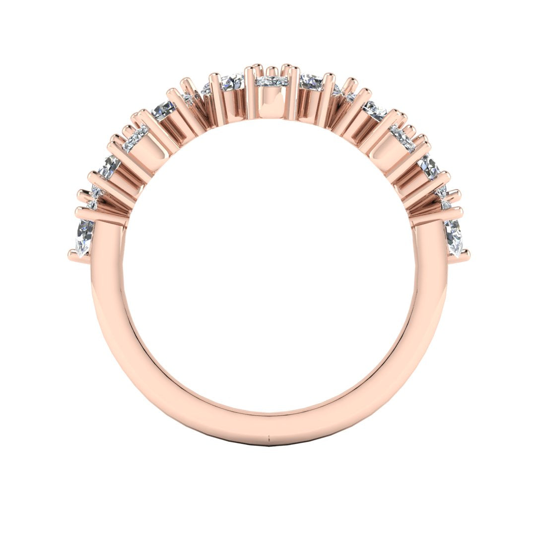flat view off a glamourous intricate rose gold eternity ring which can also be worn as a wedding band featuring pear cut lab-grown diamonds arranged in a pattern