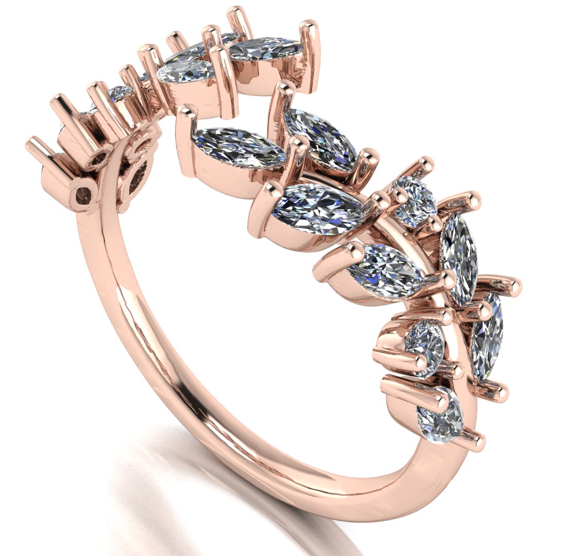 angled view of rose gold eternity ring or wedding band with an open design using marquise cut lab grown diamonds