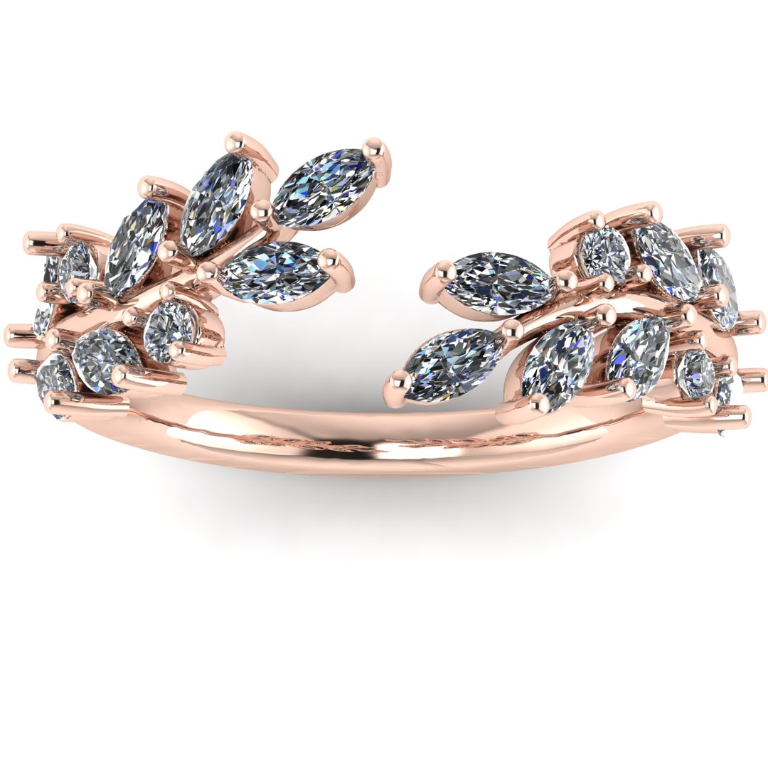 front view of rose gold eternity ring or wedding band with an open design using marquise cut lab grown diamonds