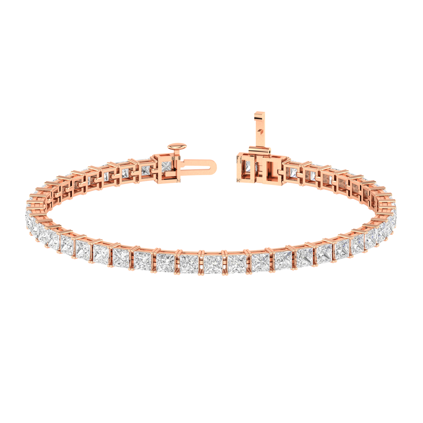 rose gold tennis line bracelet with princess cut ethical & sustainable lab grown diamonds set using prongs