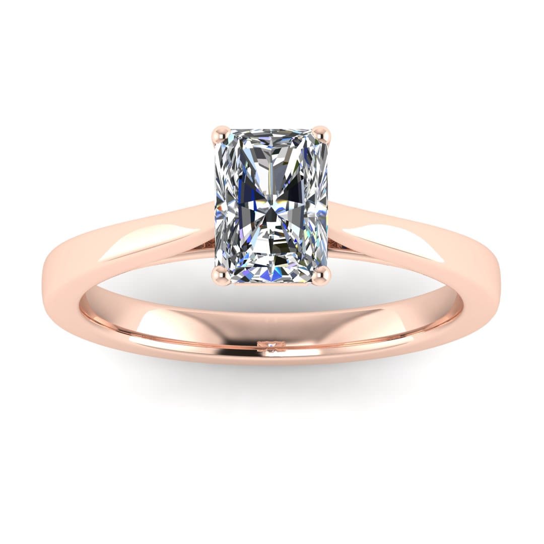 front view of a rose gold engagement ring set with a radiant cut lab grown diamond with 4 claws
