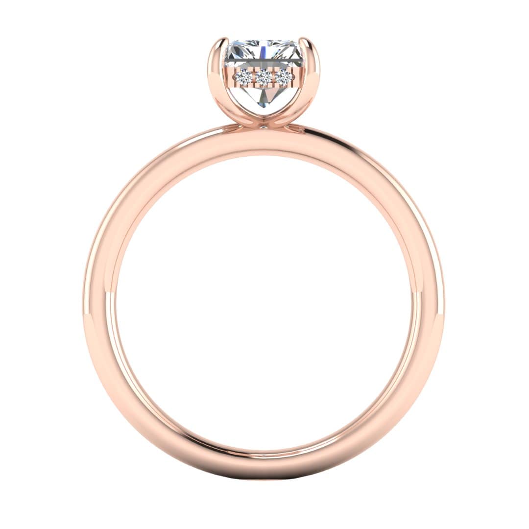 flat view of a rose gold single solitaire engagement with set with a radiant cut lab grown diamond featuring a secret hidden under halo