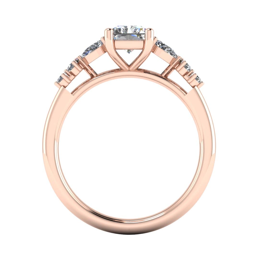 flat view of a rose gold multi-stone lab grown diamond engagement ring. It features a radiant cut lab-grown diamond with one pear and two round side diamonds on either side
