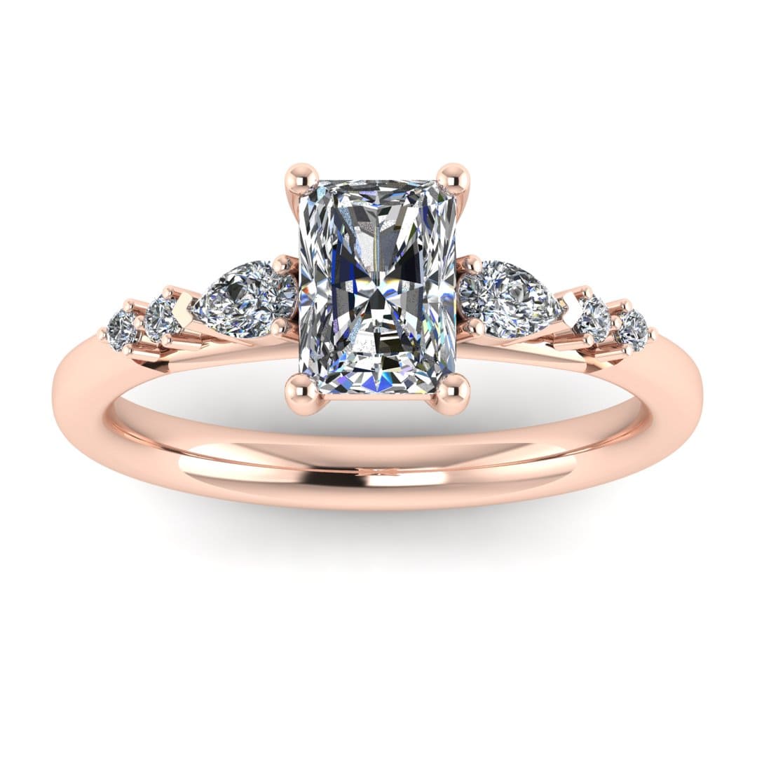 front view of a rose gold multi-stone lab grown diamond engagement ring. It features a radiant cut lab-grown diamond with one pear and two round side diamonds on either side