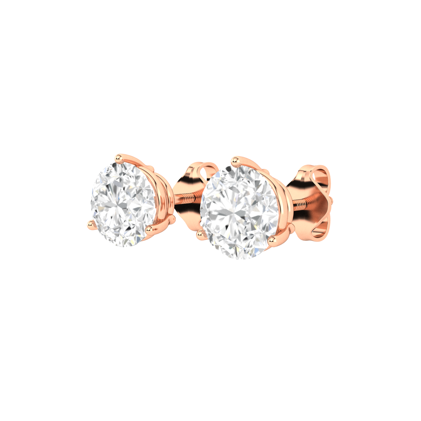 angled view of 3 claw rose gold stud earrings with round brilliant lab grown diamonds in a basket setting