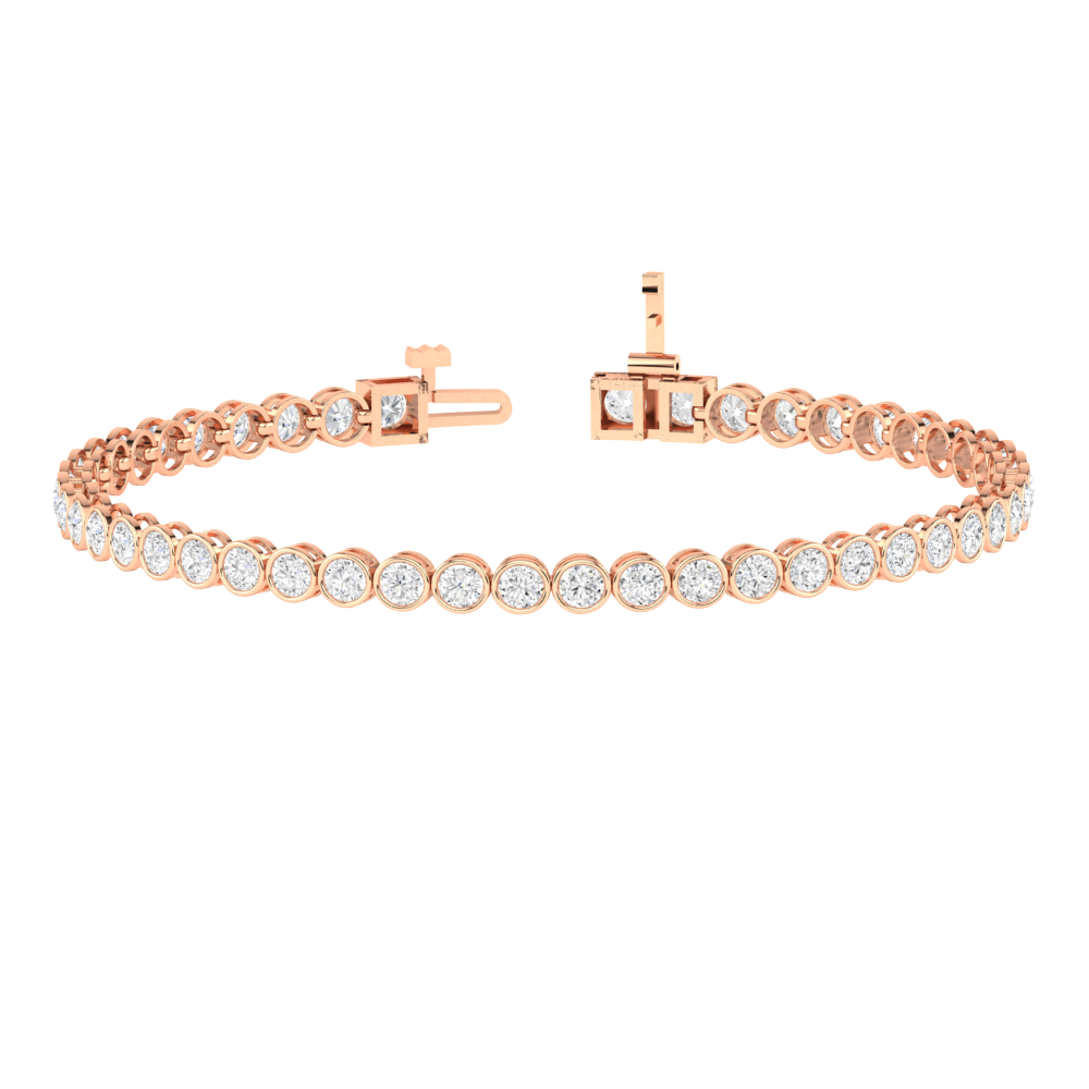 rose gold line tennis bracelet with ethical round brilliant lab made diamonds in a rubover bezel setting