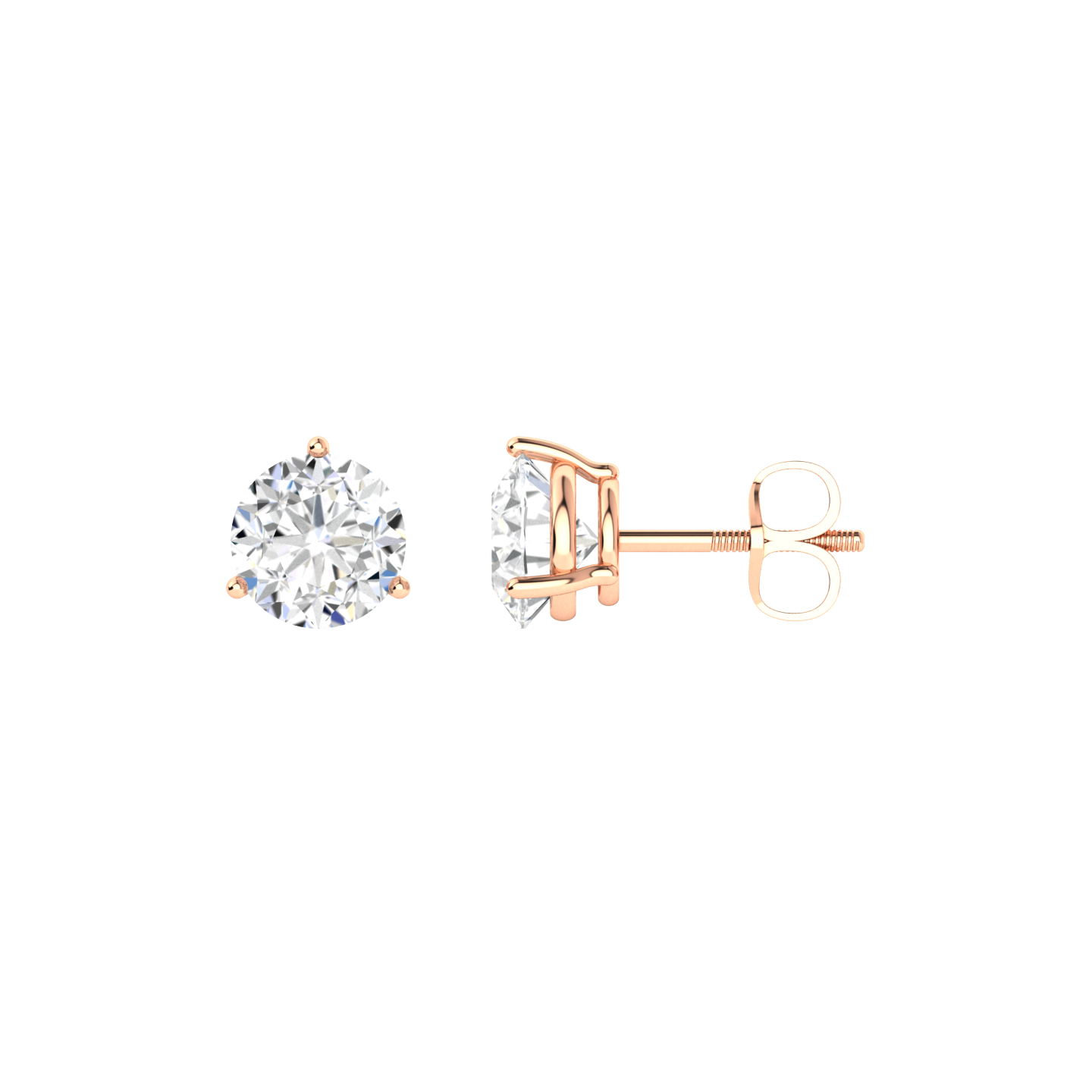 Front and side view of 3 claw rose gold stud earrings with round brilliant lab grown diamonds in a basket setting