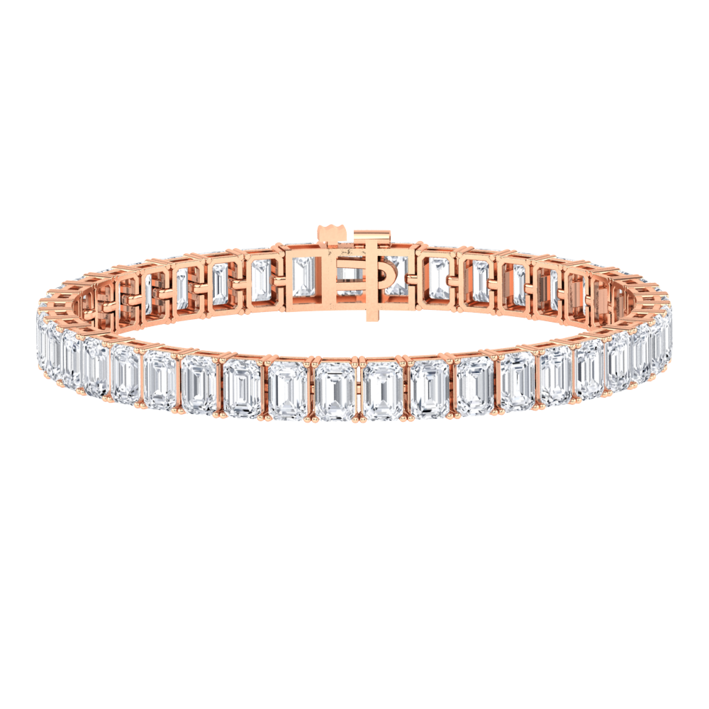 rose gold tennis line bracelet with emerald cut ethical & sustainable lab grown diamonds set vertically using prongs