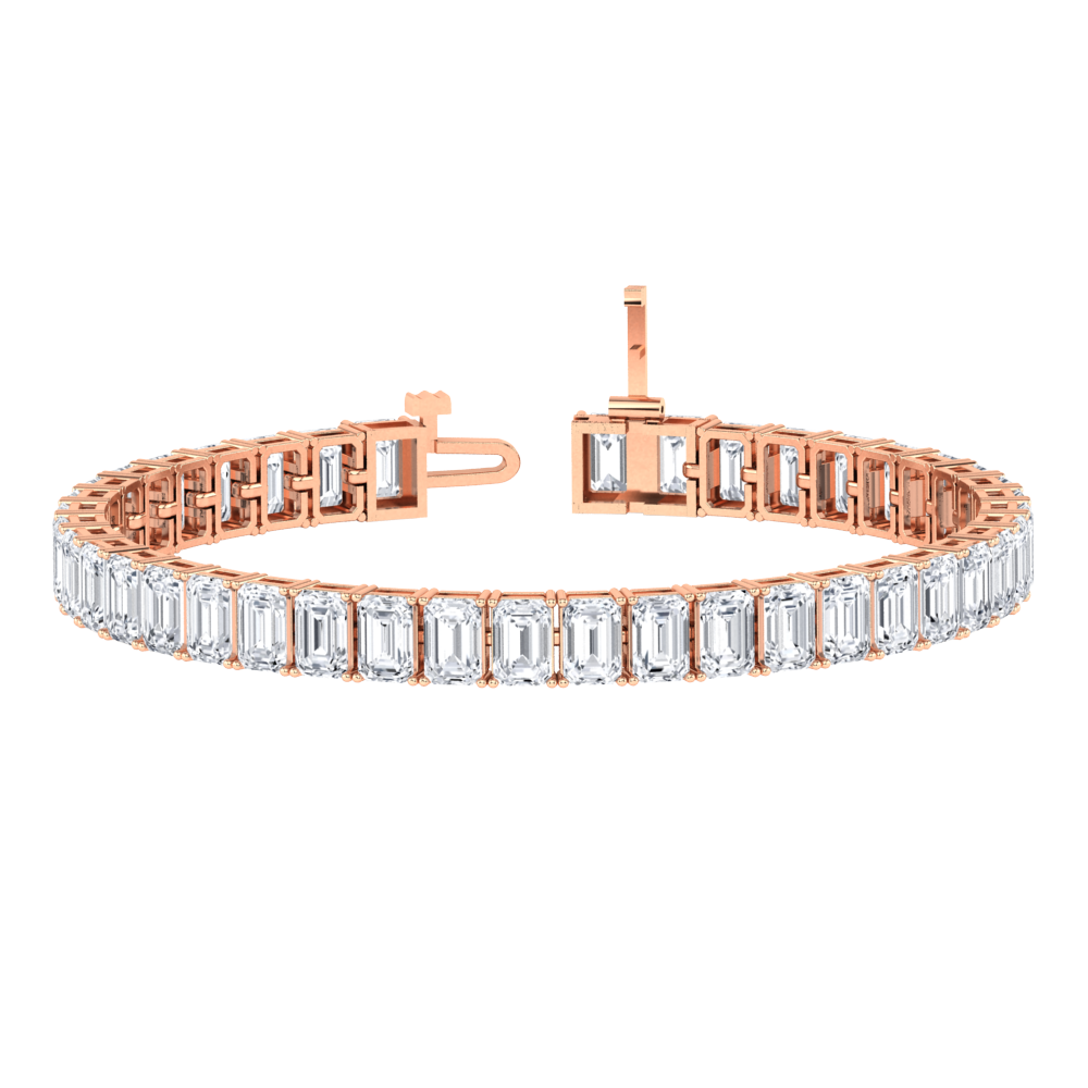 rose gold tennis line bracelet with emerald cut ethical & sustainable lab grown diamonds set vertically using prongs