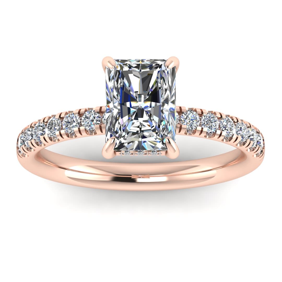 front view of rose gold engagement ring featuring a radiant cut lab-grown diamond with pavé-set shoulders and a hidden halo