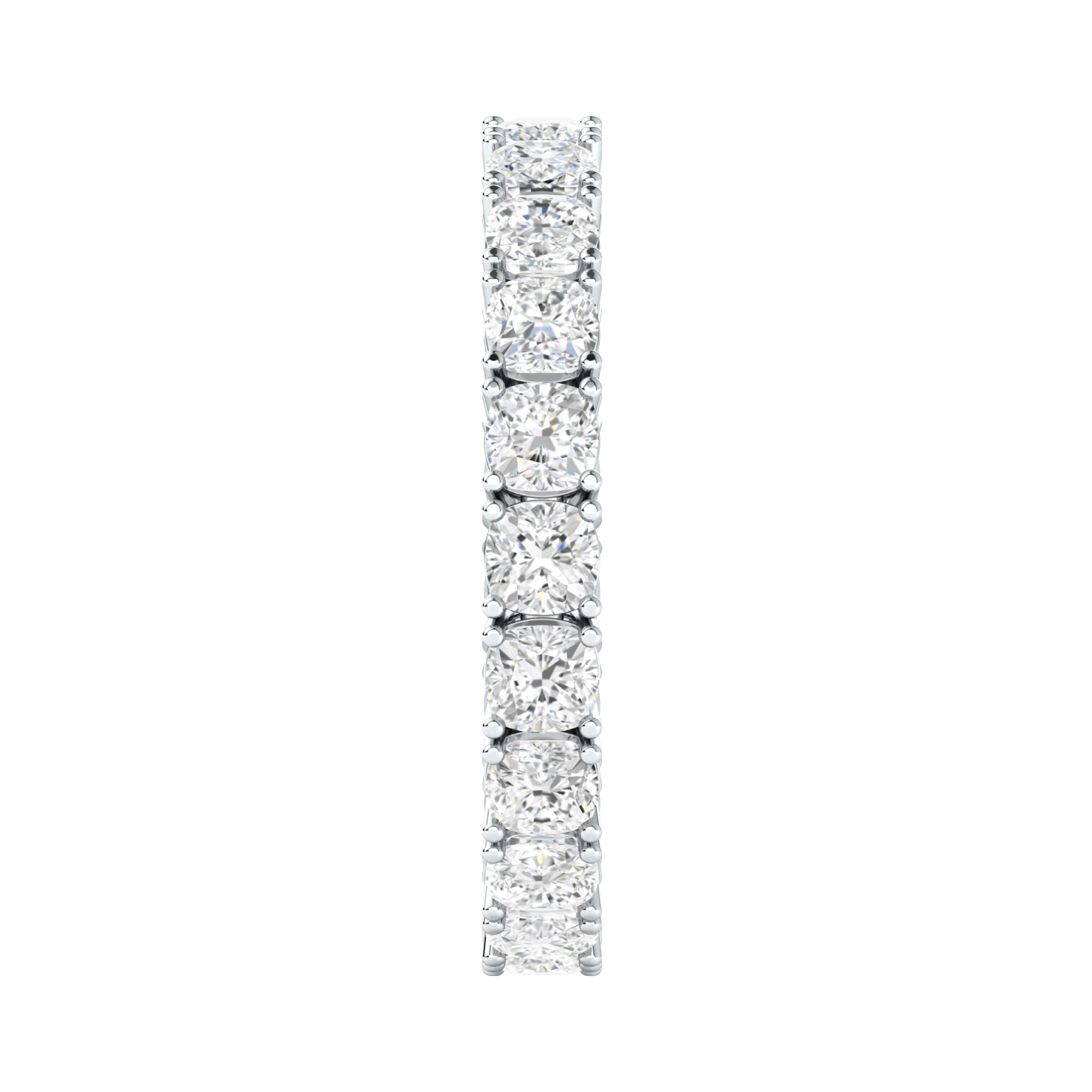 Side view of a platinum white gold full set eternity ring with cushion cut lab grown diamonds