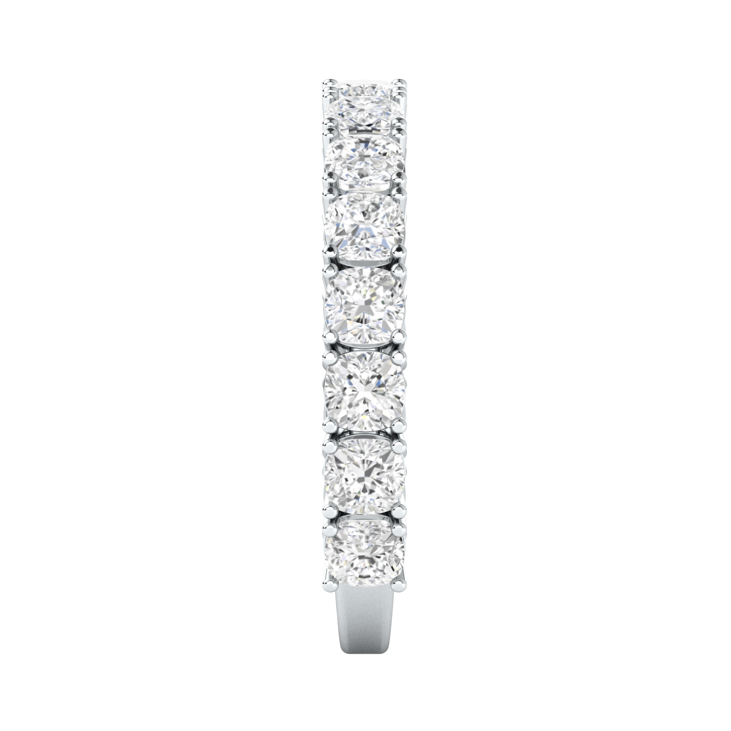 Front view of a platinum white gold half set eternity ring with cushion cut lab grown diamonds