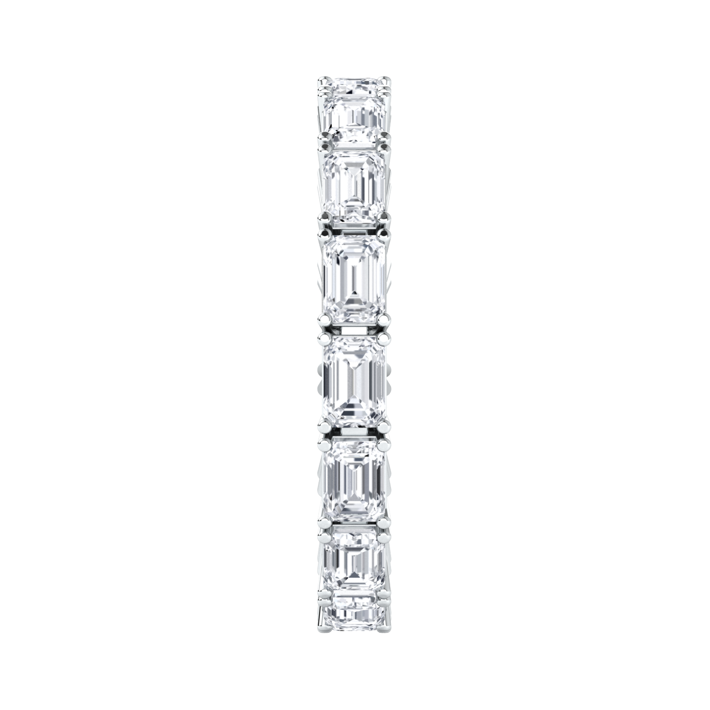 Side view of a platinum white gold full set eternity ring with emerald cut lab grown diamonds set horizontally