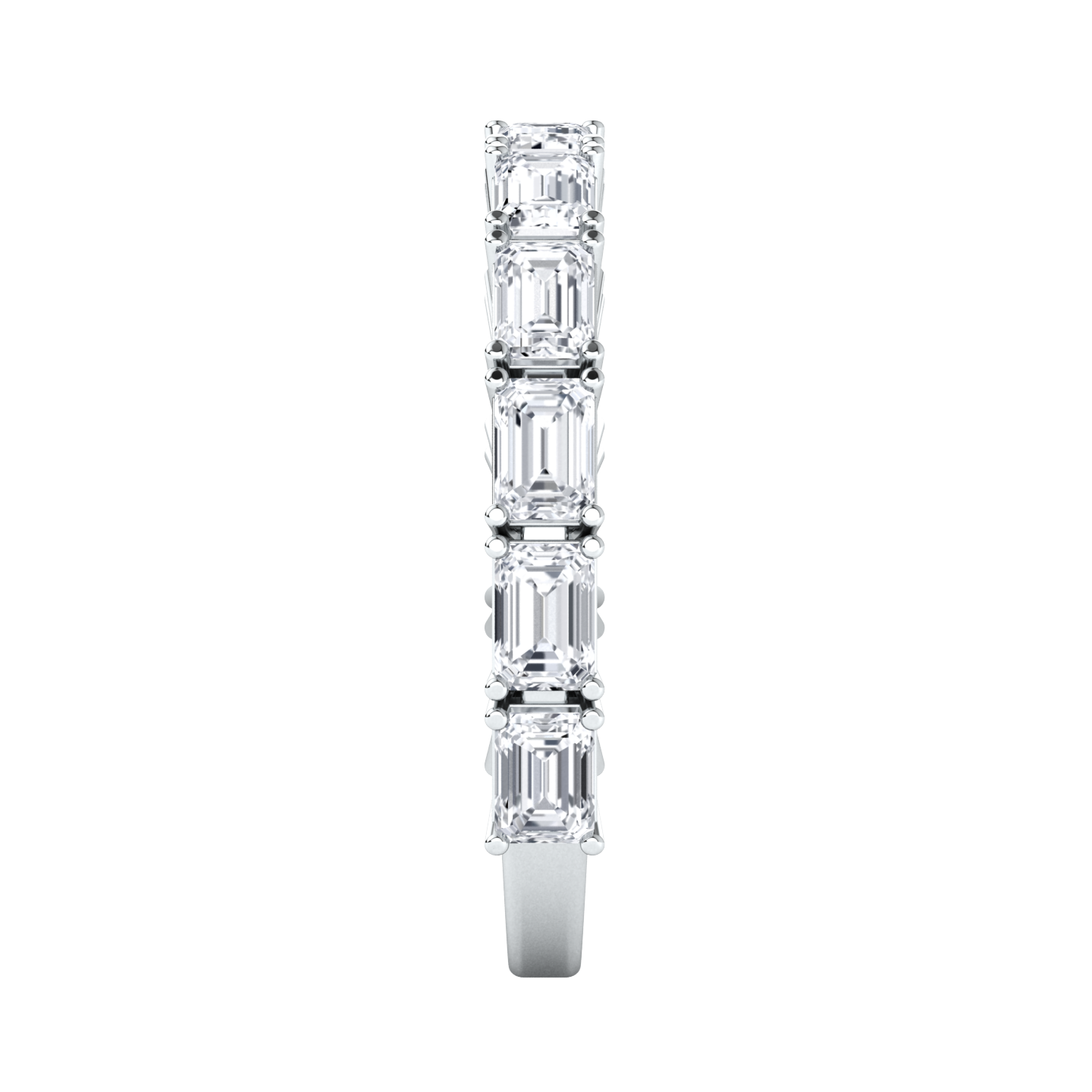 Side view of a platinum white gold half set eternity ring with emerald cut lab grown diamonds set horizontally