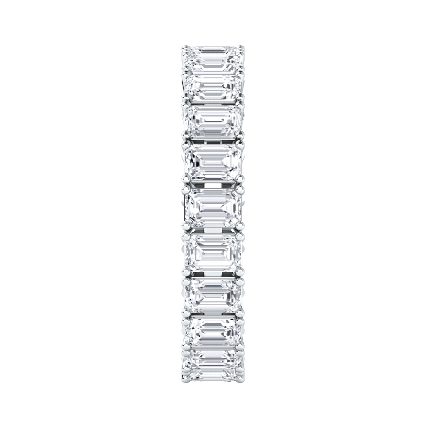 Side view of a platinum white gold full set eternity ring with emerald cut lab grown diamonds set vertically