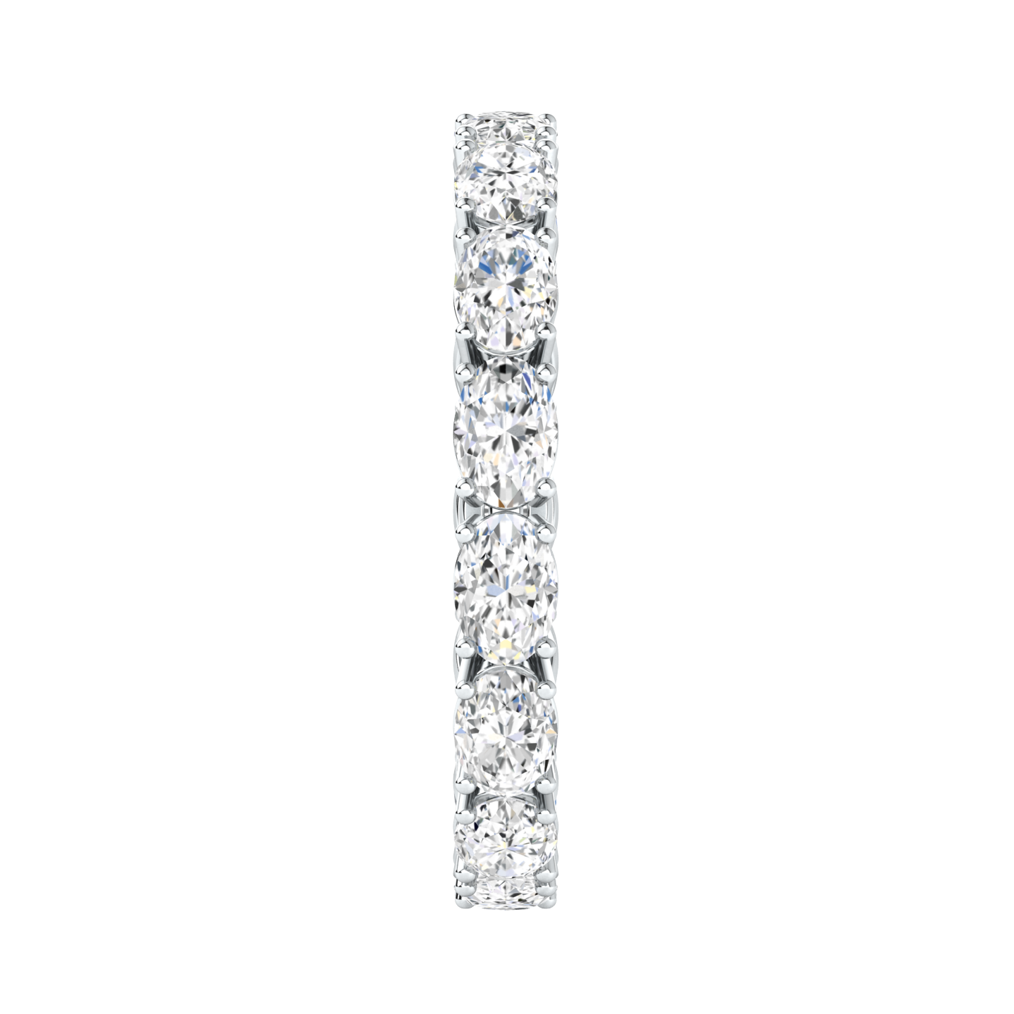 Side view of a platinum white gold full set eternity ring with oval cut lab grown diamonds set horizontally