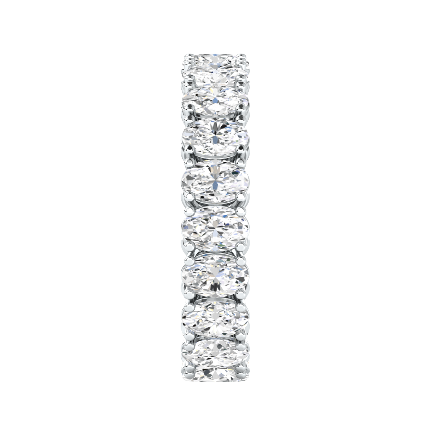 Side view of a platinum white gold full set eternity ring with oval cut lab grown diamonds set vertically