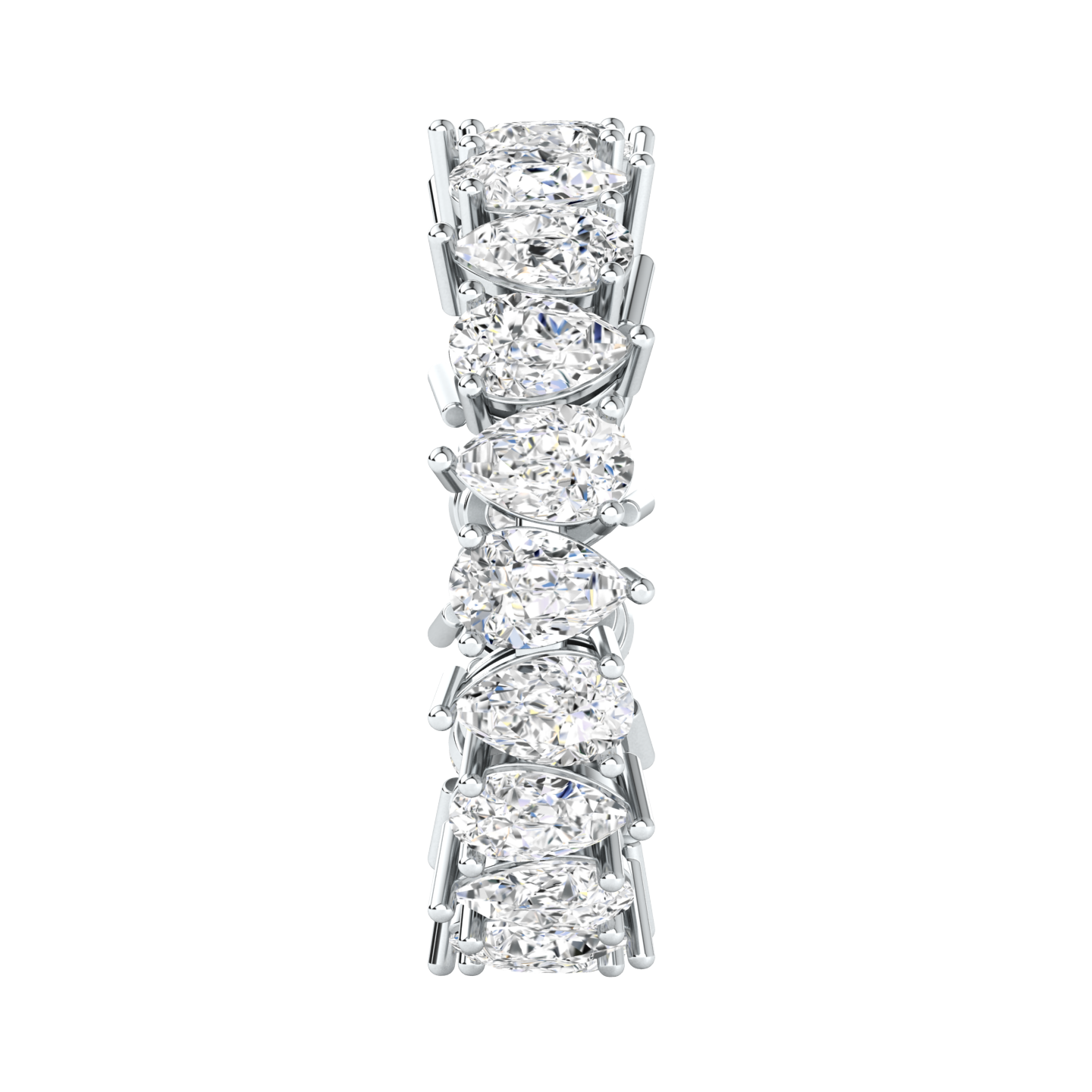 Side view of a platinum white gold full set eternity ring with pear cut lab grown diamonds