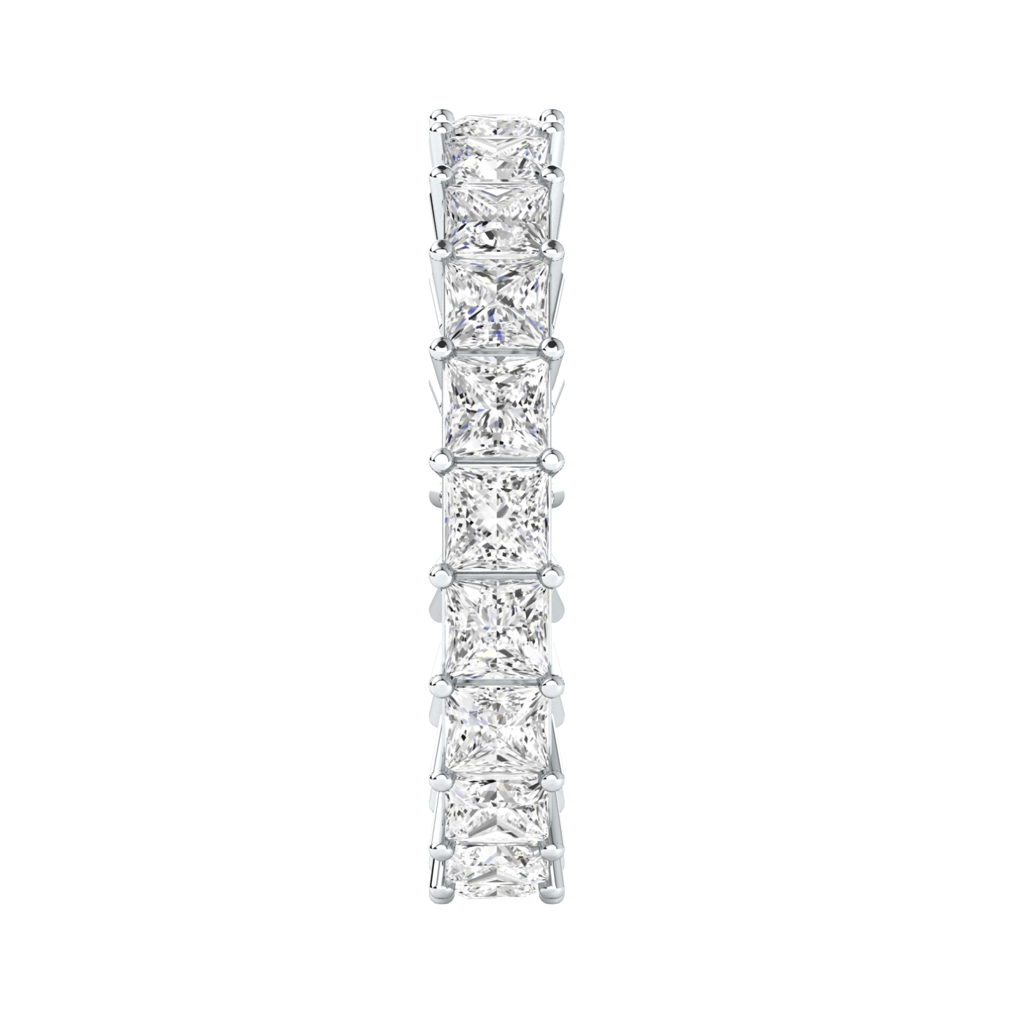 Side view of a platinum white gold full set eternity ring with princess cut lab grown diamonds