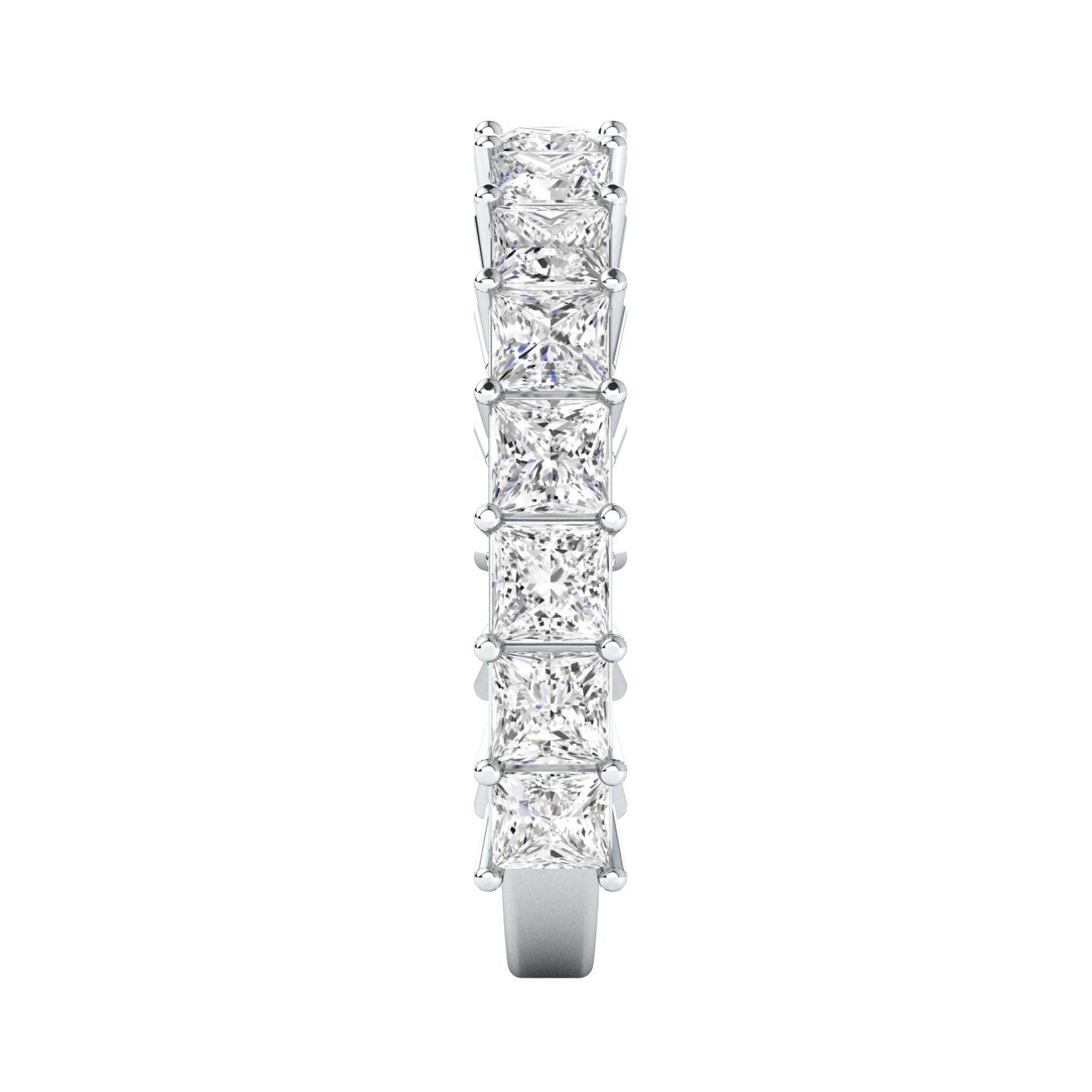 Side view of a platinum white gold half set eternity ring with princess cut lab grown diamonds