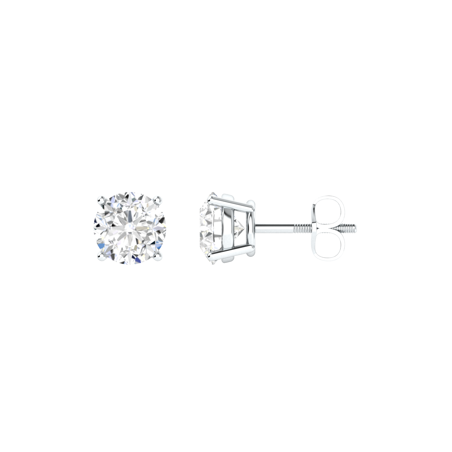 Side profile of a pair of platinum white gold solitaire stud earrings with round brilliant diamonds in a 4 claw prong basket setting