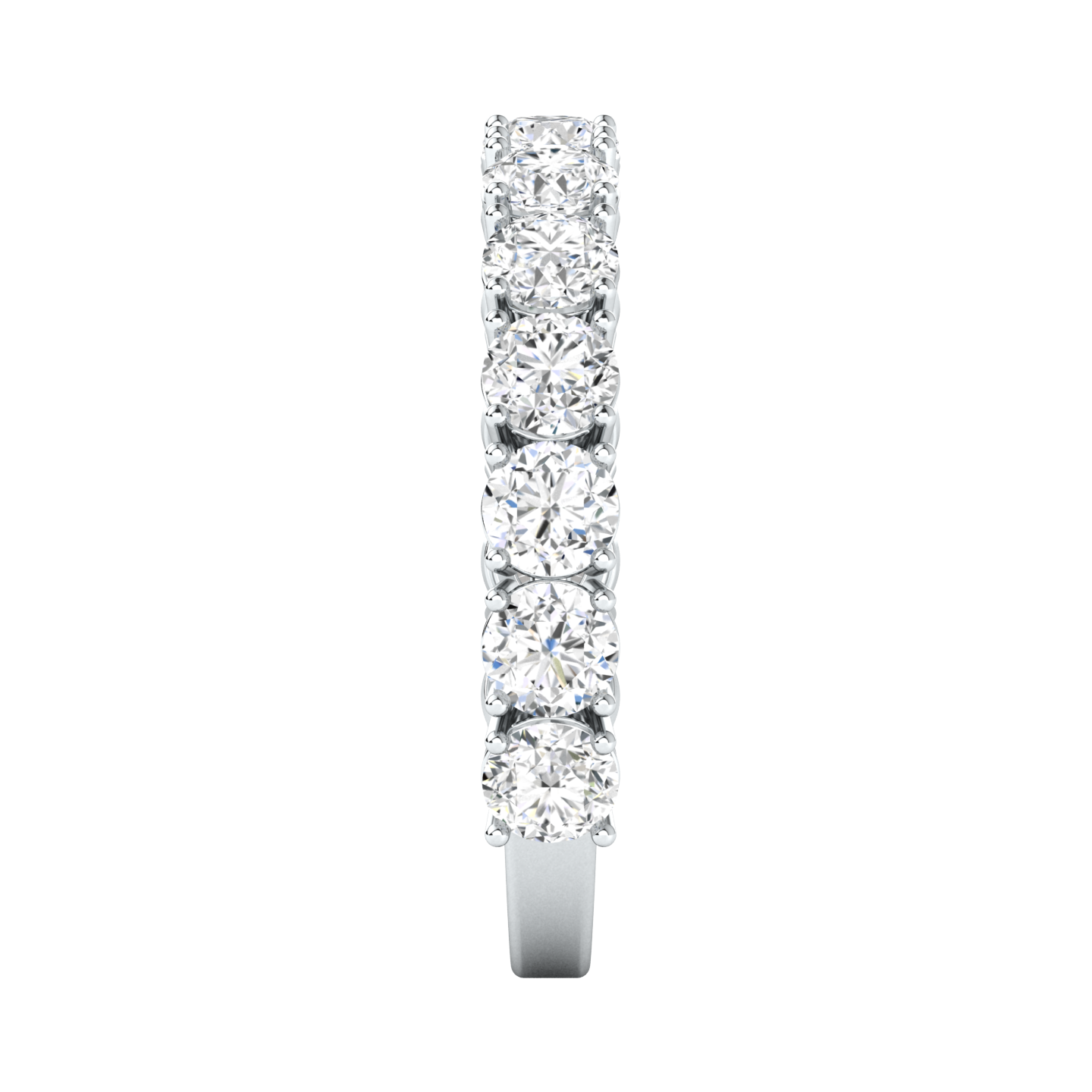 Side view of a platinum white gold half set eternity ring with round brilliant cut lab grown diamonds