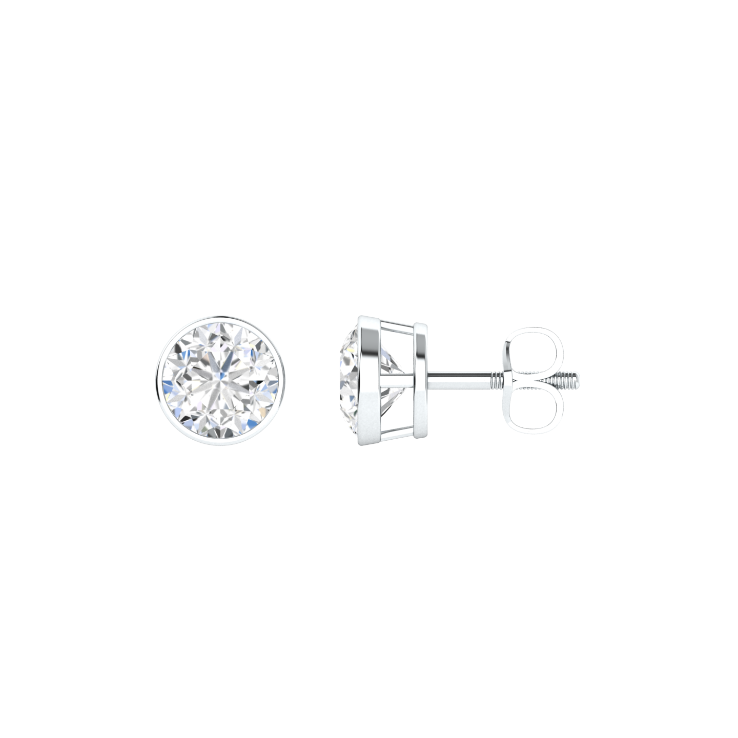 Side profile of a pair of platinum white gold solitaire stud earrings with round brilliant diamonds in a rub over setting