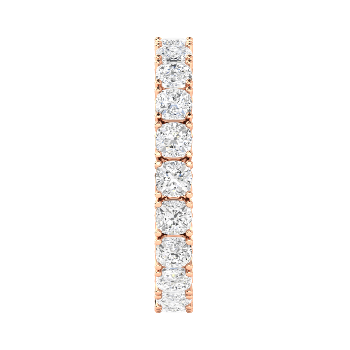 Side view of a rose gold full set eternity ring with cushion cut lab grown diamonds