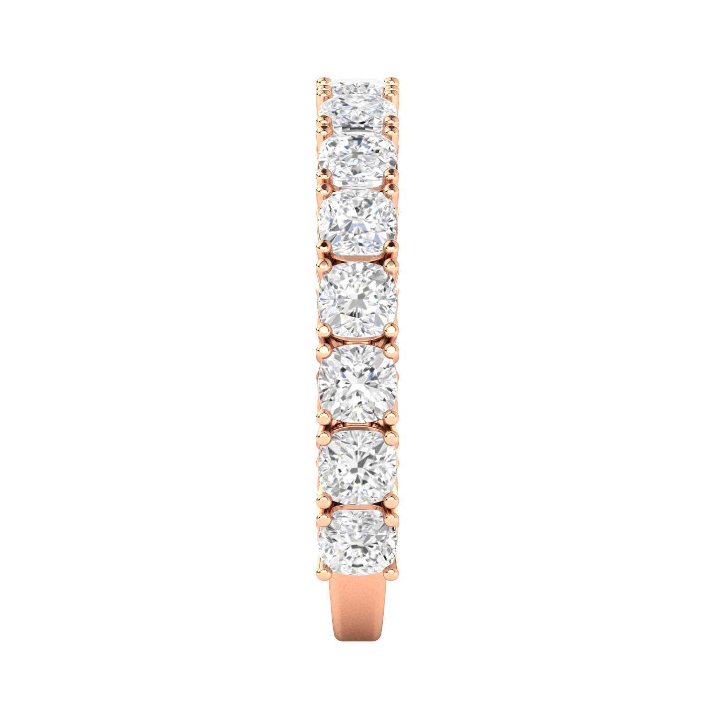 Side view of a rose gold half set eternity ring with cushion cut lab grown diamonds