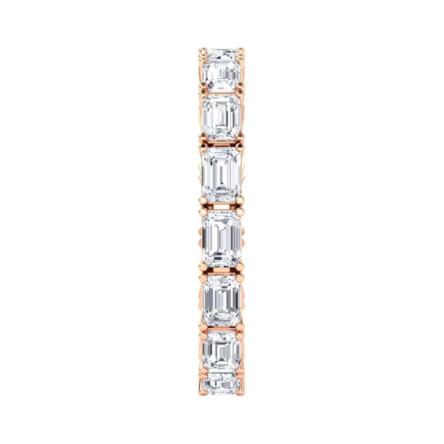 Side view of a rose gold full set eternity ring with emerald cut lab grown diamonds set horizontally