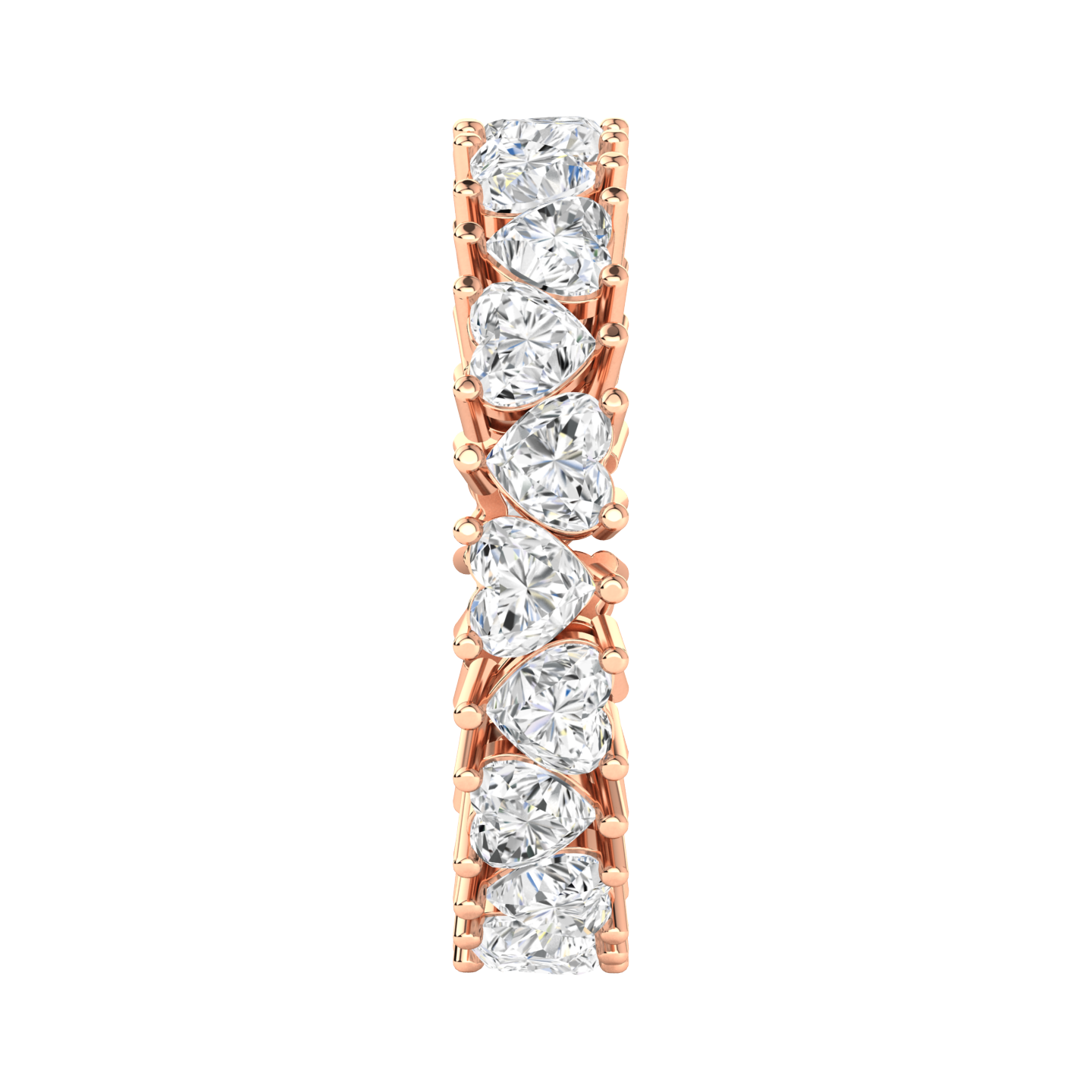 Side view of a rose gold full set eternity ring with heart cut lab grown diamonds