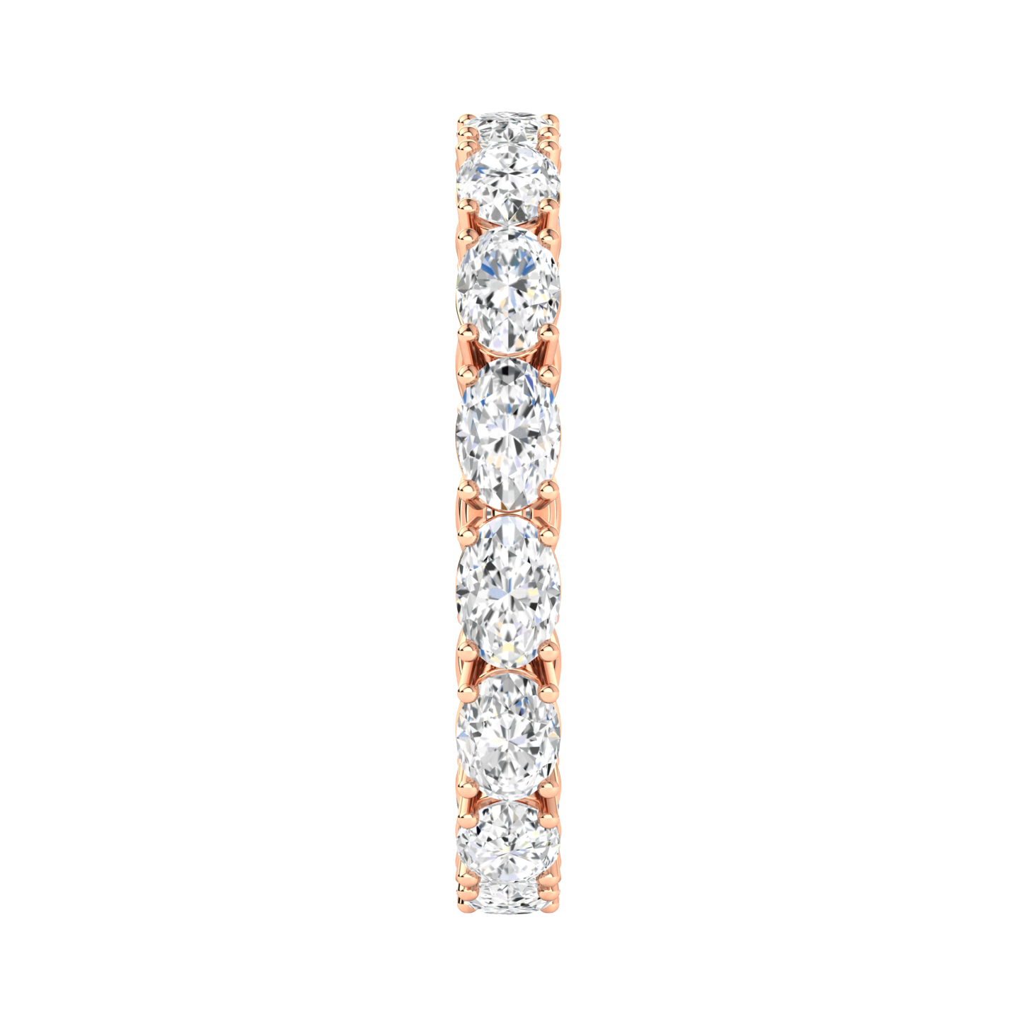 Side view of a rose gold full set eternity ring with oval cut lab grown diamonds set horizontally
