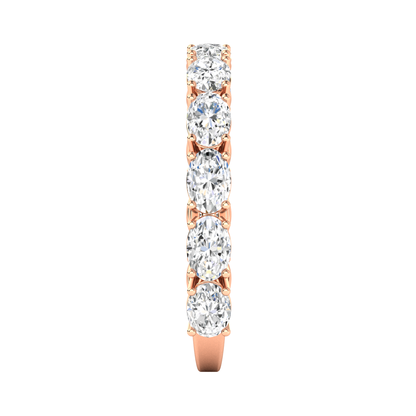 Side view of a rose gold half set eternity ring with oval shaped diamonds set horizontally