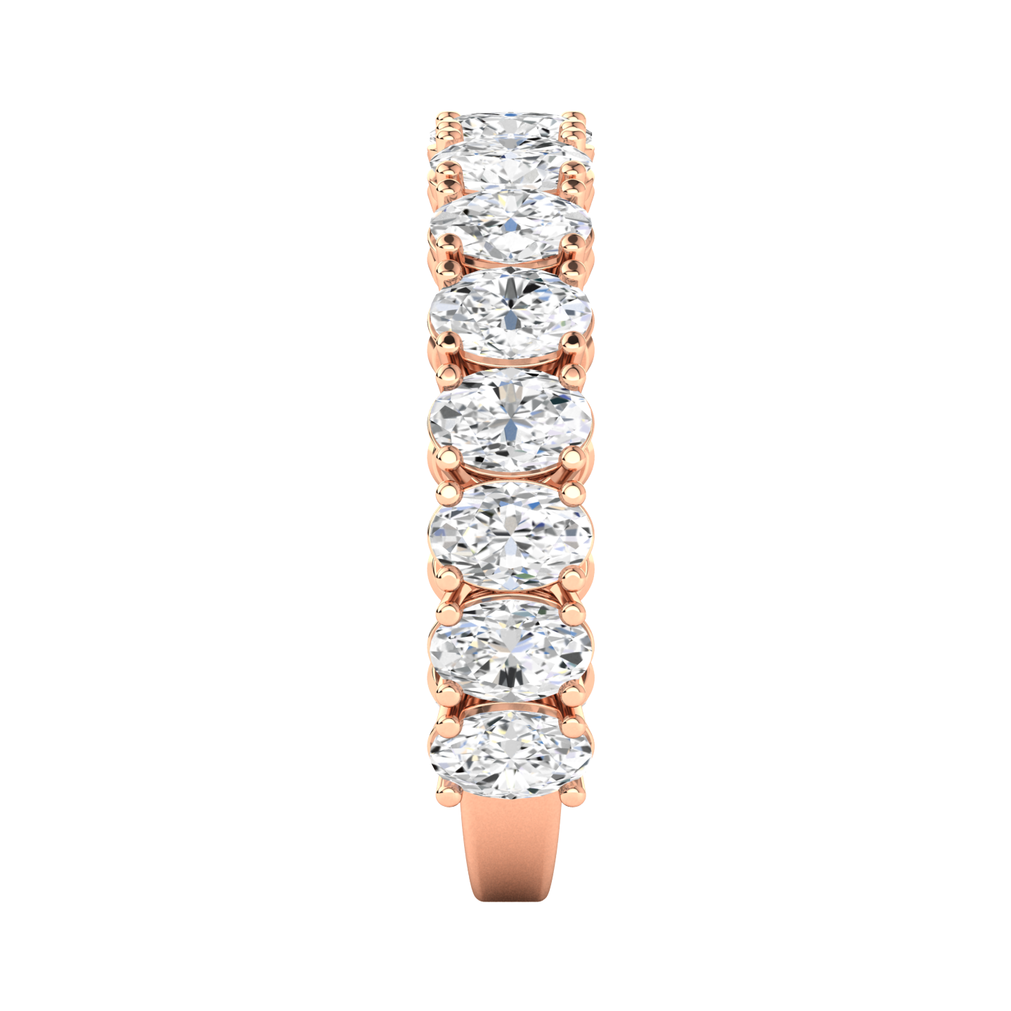 Side view of a rose gold half set eternity ring with oval cut lab grown diamonds set vertically
