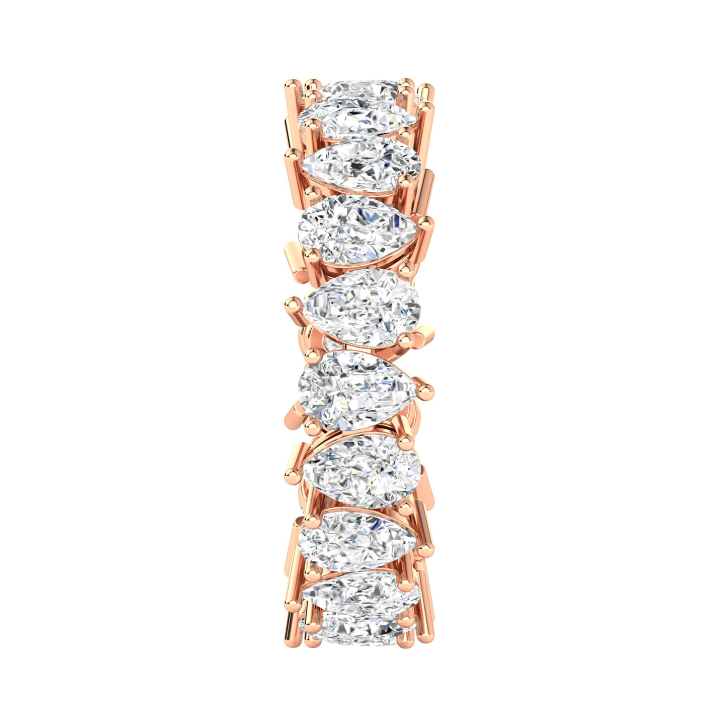 Side view of a rose gold full set eternity ring with pear cut lab grown diamonds