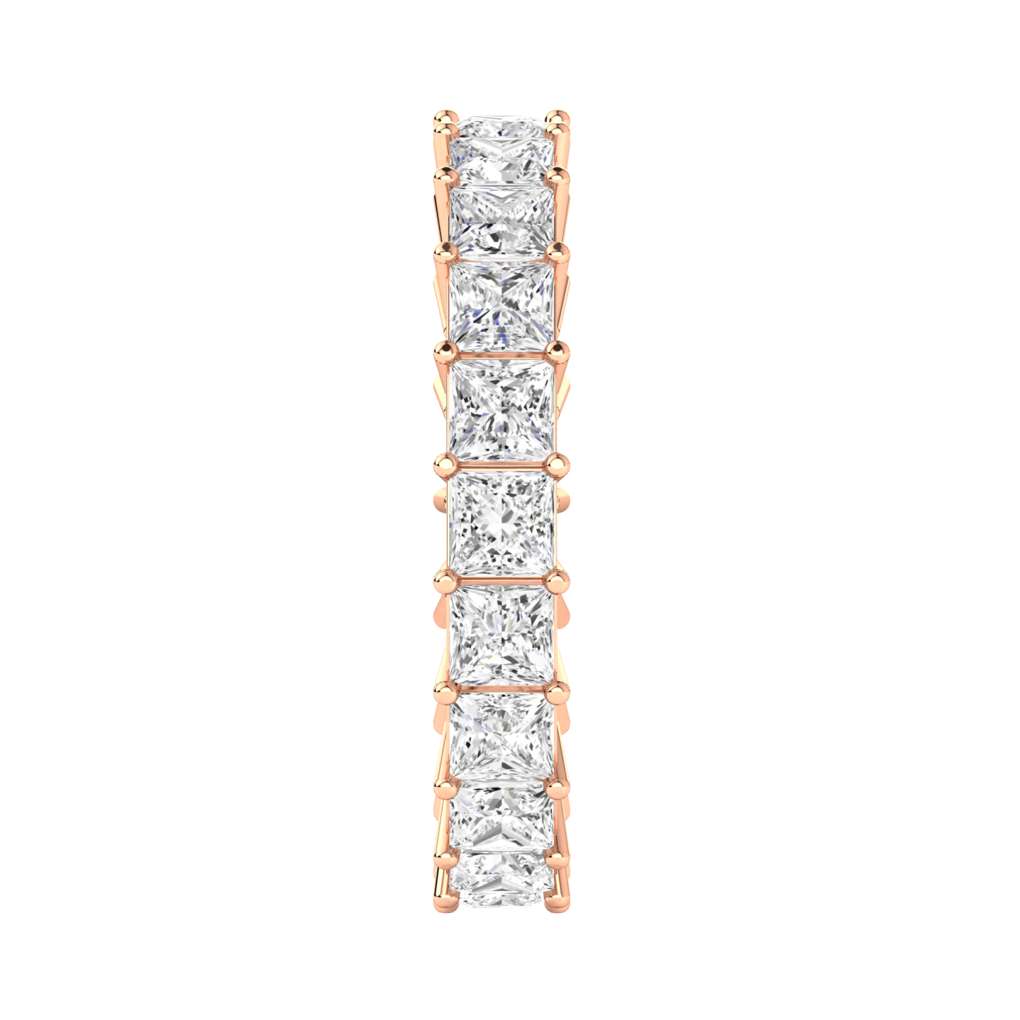 Side view of a rose gold full set eternity ring with princess cut lab grown diamonds