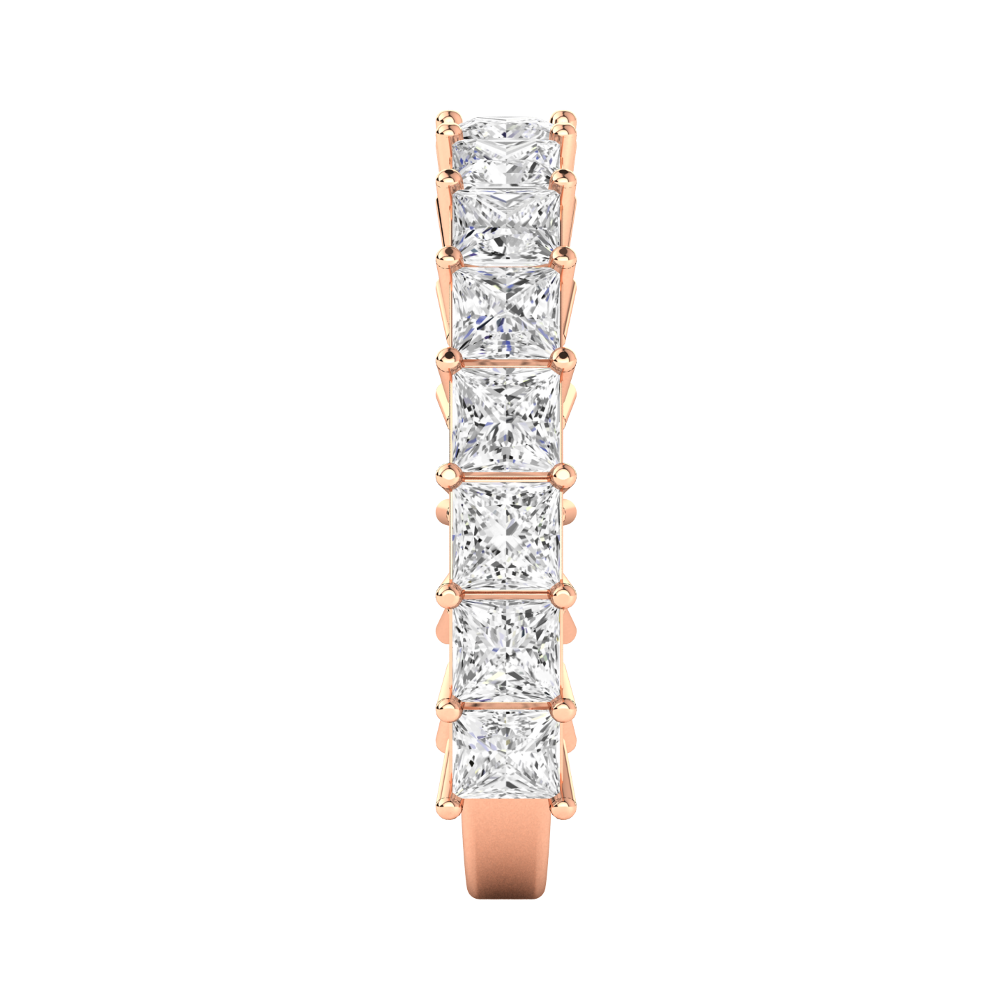 Side view of a rose gold half set eternity ring with princess cut lab grown diamonds