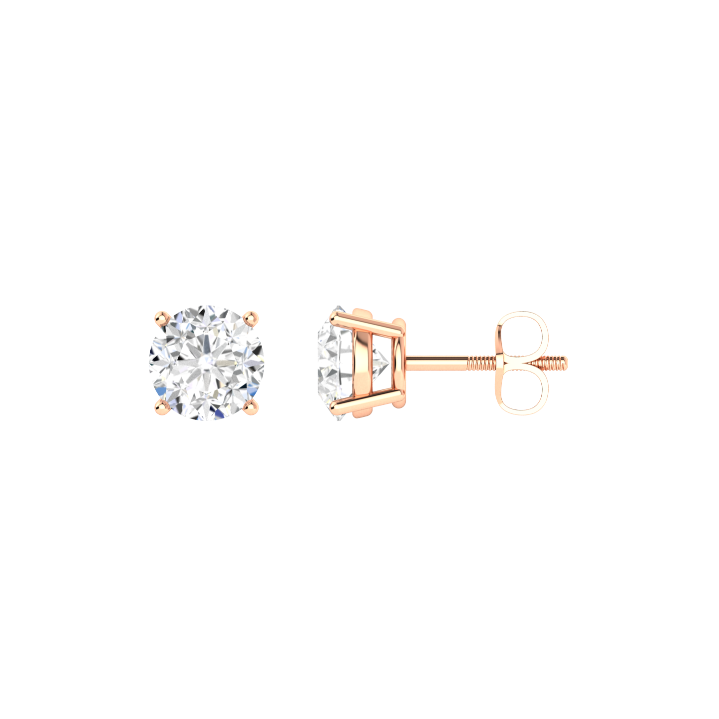 Side profile of a pair of rose gold solitaire stud earrings with round brilliant diamonds in a 4 claw prong basket setting