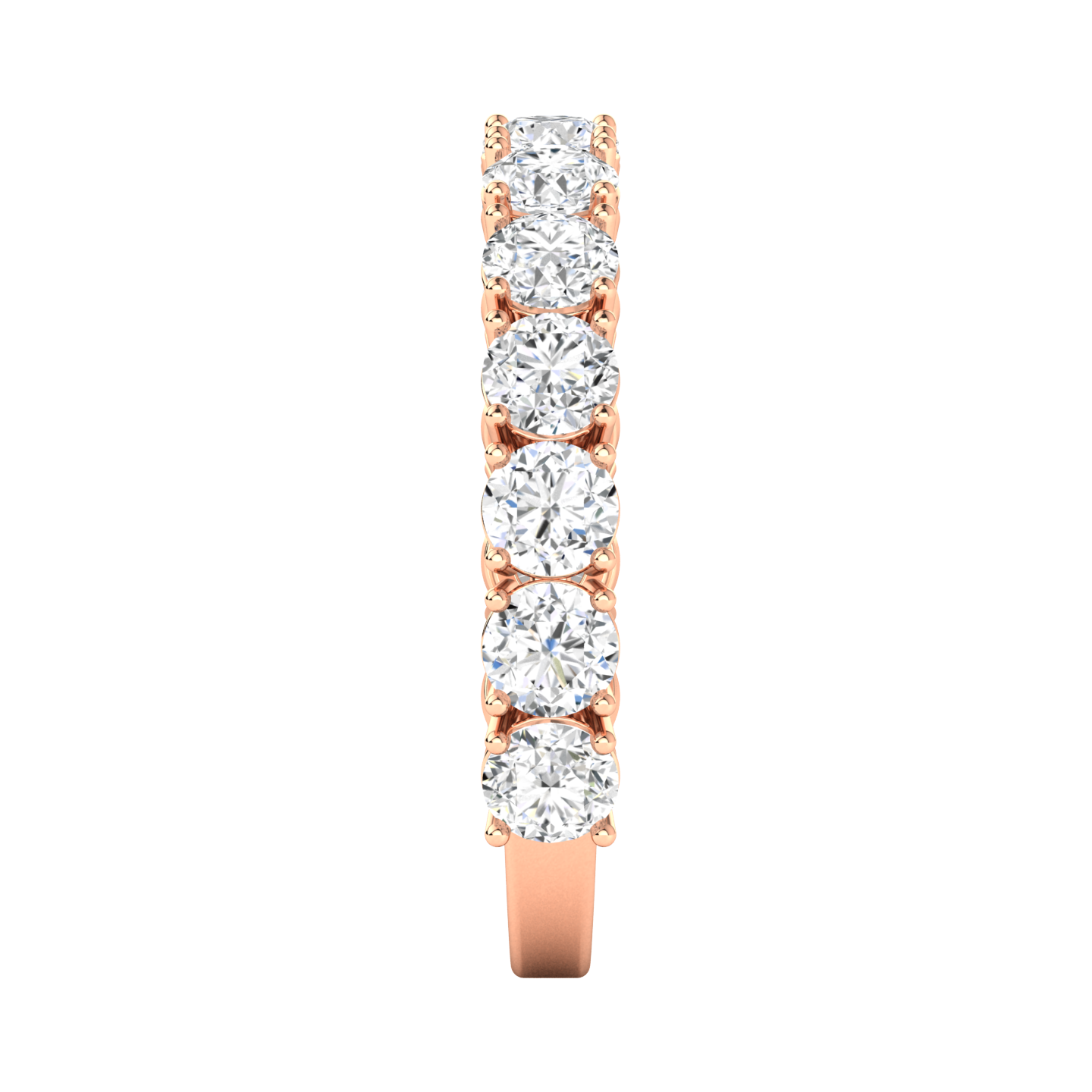 Side view of a rose gold half set eternity ring with round brilliant cut lab grown diamonds