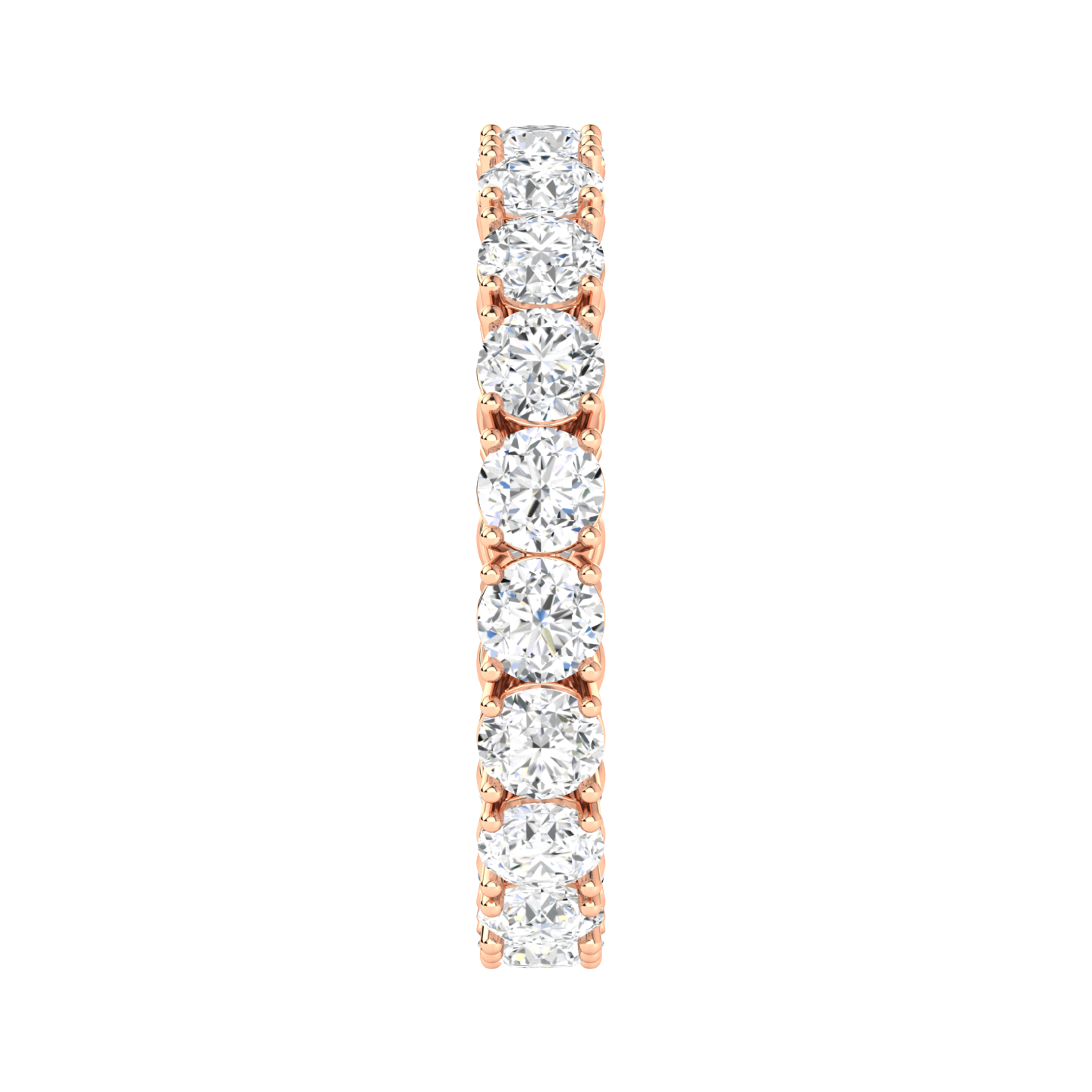 Side view of a platinum white gold full set eternity ring with round brilliant cut lab grown diamonds