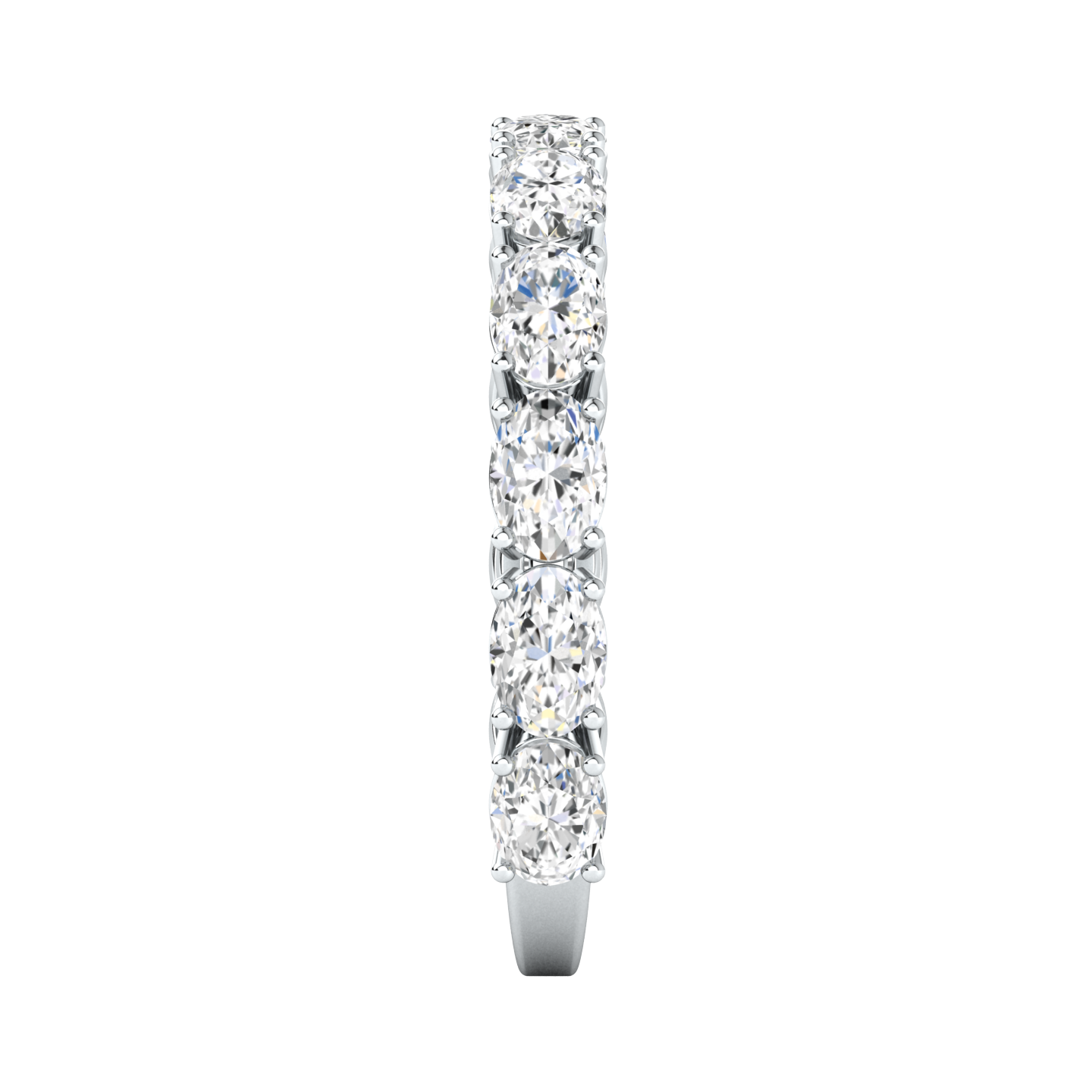 Side view of a white gold platinum oval cut lab grown diamond half set eternity ring with diamonds set horizontally