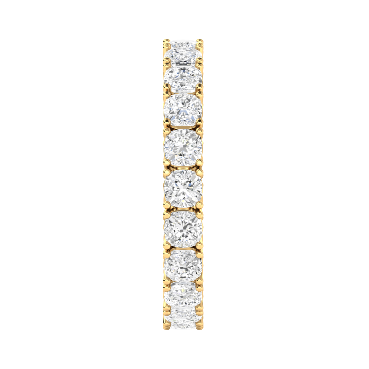 Side view of a yellow gold full set eternity ring with cushion cut lab grown diamonds